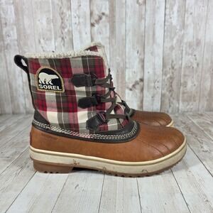Sorel Waterproof Plaid Lined Snow Boots Women's Size 7.5 Tan Leather Winter‎